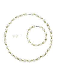 7-8mm White Circlé Freshwater Pearl and Peridot Chip Necklace, Bracelet, and Earrings Set in Sterling Silver, Free Shipping and Gift Box