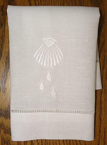 Integrity Designs Linen Baptism/Christening Cloth, White with White Shell and Water Drop Design Embroidery, 100% Fine Linen, 12 x 12 Inch Size, Quantity of 1 per package, Heirloom Baby Keepsake Gift, Hemstitched Hem