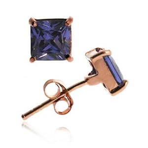 18K Rose Gold over Sterling Silver Tanzanite CZ 5mm Square Stud Earrings by 