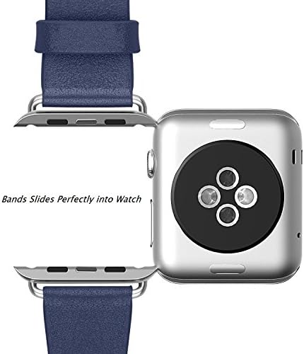 Apple Watch Band, 42mm Genuine Leather Strap Wrist Band Replacement w/ Metal Clasp Classic Buckle & Modern Buckle for Apple Watch All Models 38mm with TPU Case and Tempered Glass Screen Protector(blue)