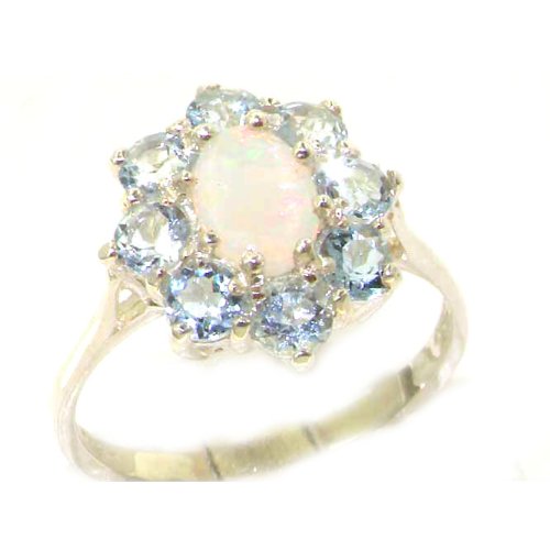 Luxury Ladies Solid Sterling Silver Natural Opal & Aquamarine Cluster Ring - Finger Sizes 5 to 12 Available