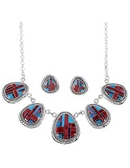 Sterling Silver Turquoise Multicolor Inlay Link Necklace Set HS28531