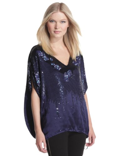 Halston Heritage Womens Sequined Silk Top, Sapphire, 6