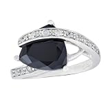 Platinum Overlay Sterling Silver Black Trillion-Cut Cubic Zirconia w/ White Cubic Zirconia Swirl Ring