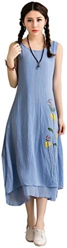 ArtCar Women's Sleeveless Print Loose Fake Two Pieces Layered Long Dress Blue L