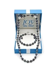 925 Sterling Silver Freshwater Pearl Black and Sterling Silver Beads Necklace, Bracelet and Earrings Set QSET-10352K-AM in Gift Box