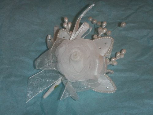 3 White Silk Satin Pearl Corsage & Rose Pearl & Organza