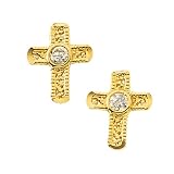 14K Yellow Gold 8.5 x 7 MM Cubic Zirconia Children's Filigree Style Cross Earrings