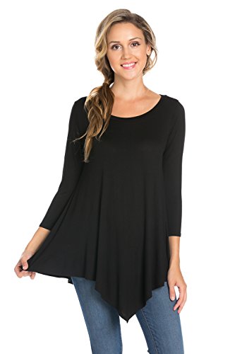 Frumos Womens Tunic 3/4 Sleeve Handkerchief Hem Tunic Top Black 2XL