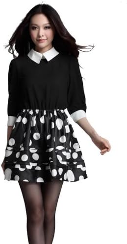 YYZ Womens Lapel 3/4 Sleeve Polyamide Polka Dots Dresses with Collage, Black, 10P