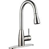 pH7® F04 1-hole or 3-holes Plastic Pull-down Kitchen Sink Faucet with Deck Plate; 1- handle Kitchen Faucet; Excellent Finish, Nylon Hose, and Docking System, Brushed Nickel