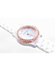 New Silicone Gel Ceramic Style Jelly Band Crystal Bezel Womens Watch White/Rose Gold