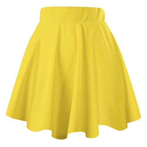 JNTworld Women Stretch high Waist Flared Plain Pleated mini skirt, S, yellow