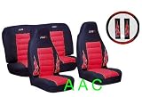 A Set of Universal-fit Type X Racing Style Front Bucket Seat Covers, Bench Seat Cover, Steering Wheel Cover and Shoulder Strap Cover - Red