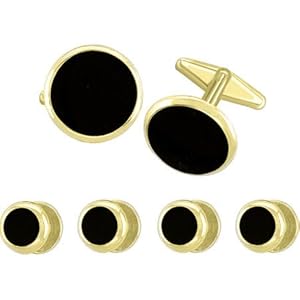 Round Formal Cufflink and Tuxedo Stud Set - Black with Shiny Gold Border