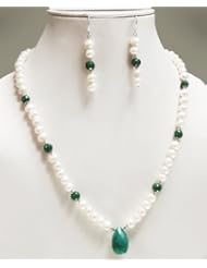 Designer Single Row Natural Classy Emerald & Fresh Water Pearl Beaded Necklace with Free Earrings