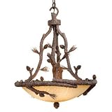  : Aspen - 4 Light Rustic Pendant Lighting Fixture - Pine Tree - Brushed Amber Glass - B2700