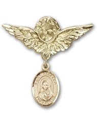 14K Gold Baby Badge with St. Rebecca Charm and Angel with Wings Badge Pin