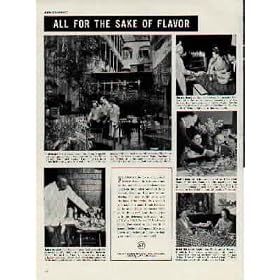 ALL FOR THE SAKE OF FLAVOR: In picturesque New Orleans, The Court of the Two Sisters in the French Quarter. Hamburg Heaven on East 51st Street, is a popular New York after-theatre rendezvous. Eugene's Sea Food Restaurant in the Hotel Juneau, Milwaukee, Wisconsin draws crowds of natives and headliners of the entertainment world. Named after an old English inn, The Coach & Horses in Elizabeth, New Jersy, is decorated with wooden silhouettes. At the Savoy Grill in Kansas City, Missouri, aged prime steaks, live Maine lobsterd, fresh seafoods air expressed daily from both coasts are featured. ..... 1943 Heinz 57 Ad, A4413.