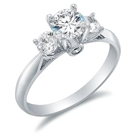 Size 4 - Solid 14k White Gold Classic Traditional 3 Three Stone Round Brilliant Cut Solitaire Highest Quality CZ Cubic Zirconia Engagement Ring 1.0ct.