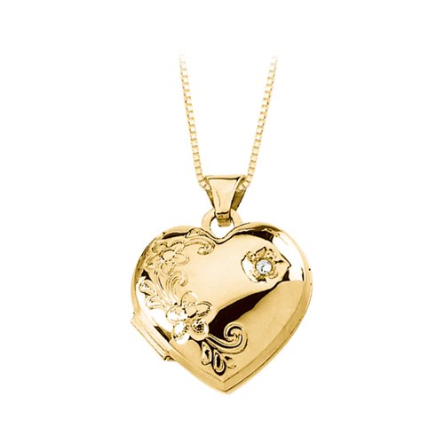 14K Yellow Gold Diamond Embossed Flowers Heart Locket with Chain