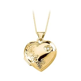 14K Yellow Gold 0.01 ct. Diamond Embossed Flowers Heart Locket with Chain