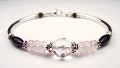 Chakra Bracelet: Healing Heart Rose Quartz, Crystal, and Onyx Silver Gemstone Bracelets