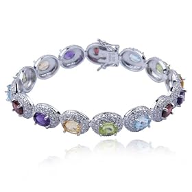 Sterling Silver Oval Multi-Gemstone and Diamond Bracelet, 7.25 by