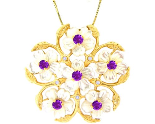 14K Yellow Gold White Exotic Floral Bouquet Medallion Pendant with Diamonds-Multi Mop-Amethyst ,w/o Chain