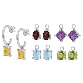 Sterling Silver Hoop Earrings with Citrine, Garnet, Amethyst, Blue Topaz and... by