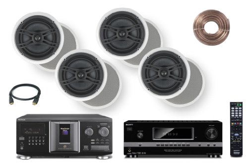 Sony 300-Disc Mega-Storage CD Changer / Player + Sony HD Digital Cinematic Sound 700 Watts 7.1 Channel 3D A/V Receiver + Yamaha Natural Sound Custom Install In-Ceiling 2-Way 120 watts Speaker (Set of 4) with 1 Tweeters & 8 Woofer + 100ft 16 AWG Speaker Wi
