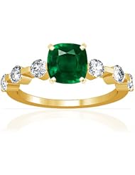 18K Yellow Gold Cushion Cut Emerald Ring With Sidestones (GIA Certificate)