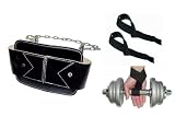 Dip Belt Cow-Hide Leather Black With 1 Pair of Weight Lifting Straps Deluxe