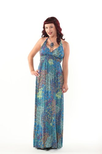 Sexy Peacock Design Halter Maxi Dress Built In Bra Cups