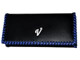 本牛革使用 バイカラーステッチ 二つ折り 長財布 ブラック×ブルー Vマークデザイン