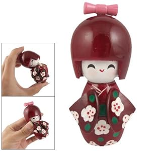 Amico Floral Burgundy Kimono Smiling Girl Wooden Kokeshi Doll Desk Decoration