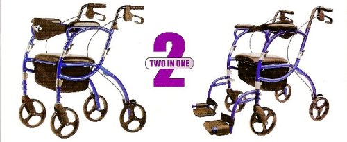 Transport WheelChair & Rollator 2-in-One. Red Color. Constructed of high density, lightweight aircraft aluminum tubing that holds up to 250lbs. Easily converts from a rollator walking aid to a transport wheelchair in 30 seconds. Includes vinyl carry bag with shoulder strap stows in underseat pouch.