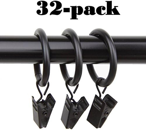DESO® Metal Curtain Rings with Clips (1" Rings) Black Premium Iron Metal Material - Clip Rings for Curtains - Great Curtain Rings for Your 1" Curtain Rod (32)