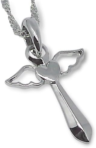 Fashion White Rhodium Plated Flying Wing Angel Heart Cross Pendant with Free 18" Necklace Chain , Size: 1.75 X 1 Inch