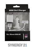 Synergy 21 Zubehör Set 3in1 für iPod und iPhone (KFZ-Ladekabel, USB Datenkabel, USB Netzteil)