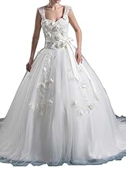 Tulle Queen Anne Neck Applique Lace  Dress with a Chapel Train 