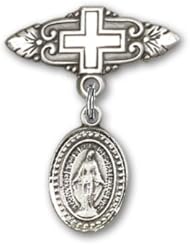 Sterling Silver Baby Badge with Miraculous Charm and Badge Pin with Cross