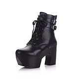 WeenFashion Women's Round Toe High Platform Ankle Strap Lace-up Closure Chunky Heels PU Boots with Zipper, Black, 8 B(M) US