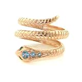 14K Gold (Choice of Yellow or Rose) Coiled Snake Ring set with Blue Topaz & Emeralds with Snake Scaling - Finger Sizes 5 to 12 Available