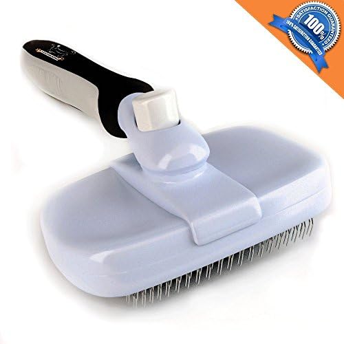 Groomeasy Deshedding Self Cleaning Slicker Brush for Dogs and Cats. All-in-One Grooming Tool for Mats, Tangles, Dirt and Dead Hair With Rubber Grip Handle and Retractable Pins. Large or Small Sizes.