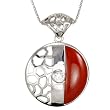 Diamond Cubic Zirconia Core Red Jade and Lattice Screen Round Platinum Overlay CAREFREE Sterling Silver Pendant Necklace