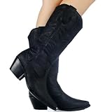 Black Cowboy Western Chunky Designer Women's Mid-Calf Boots