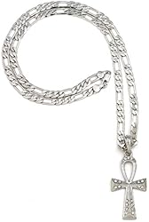 Ankh Iced Out New Silver Color 24 Inch Figaro Style Necklace Positive Spirit Magic Power Circle Egyptian Positive Power Of Joyous Life