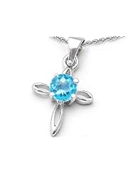 Original Star K (tm) Round Simulated Aquamarine Cross Pendant in 925 Sterling Silver