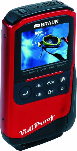 Braun Phototechnik VidiProof Camcorder (5,1 cm (2 Zoll) Display, 1-fach opt. Zoom, HDMI, Flash  Full HD 1080p,  Fotofunktion mit 5 Megapixel, Wasserdicht) rot